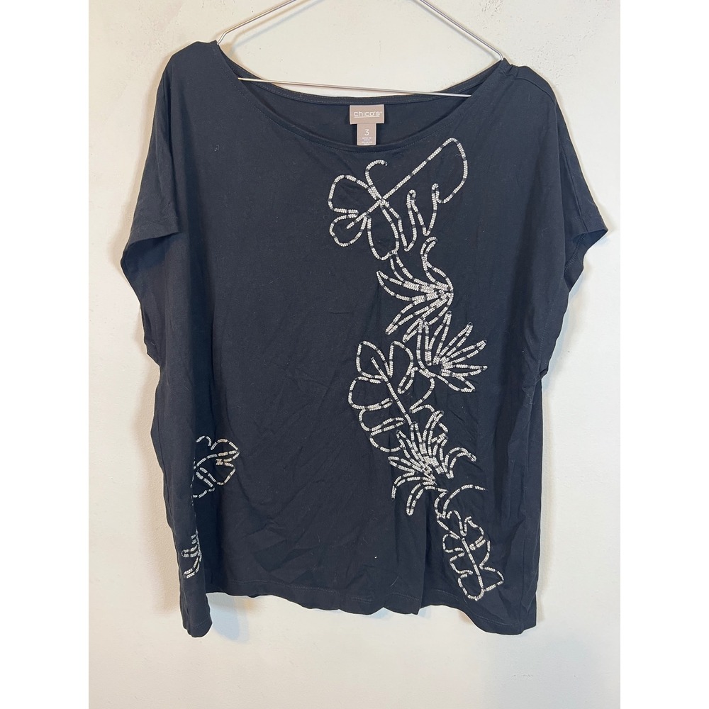 Chico's Womens Top Floral Embroidered Beaded Black Size 3 XL